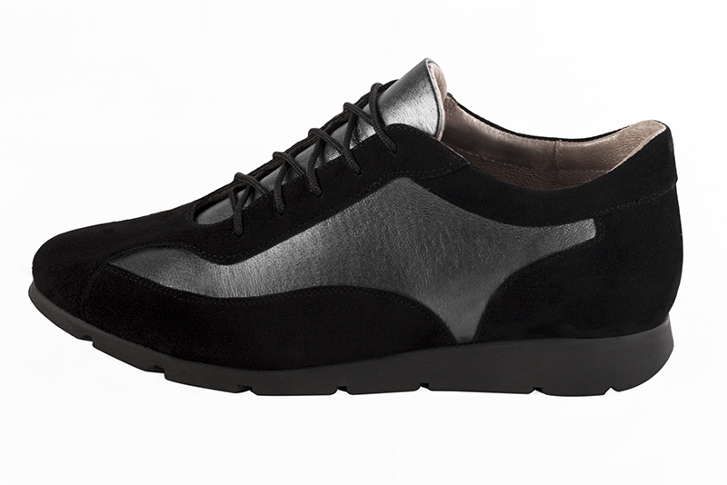 Matt black and dark silver women's open back shoes. Round toe. Flat rubber soles. Profile view - Florence KOOIJMAN